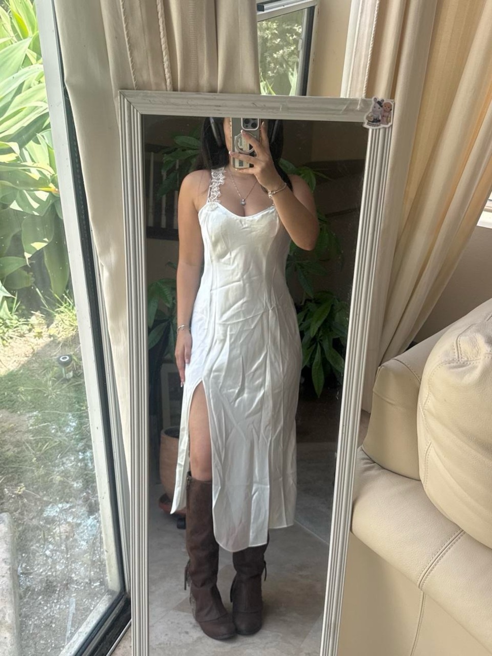 White Lace-Trim Slip Dress with Side Slit by